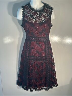 Nanette Lepore SZ 14 RUBY Black & Burgundy Lace Dress Sequin Formal Cocktail MOB